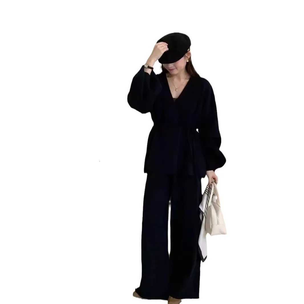 Women 2 Piece Sets Cardigan Wide Leg Pants Suit Knitted Coat Trousers Ensemble Lace Up Knitwear Jacket Autumn Winter VintageT251022