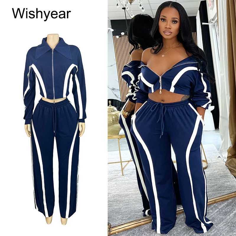 Womens Casual Stripe Patchwork 2Piece Set Lapel Long Sleeve Zipper Crop Jacket with Wide Leg Pants Suits Autumn 2PC TracksuitT251022