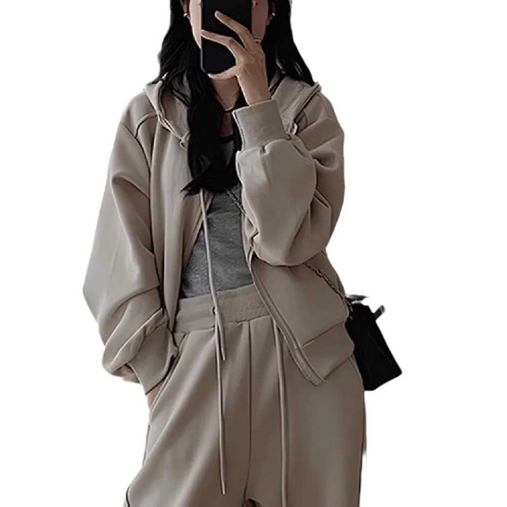 Cardigan Sweatshirt Matching Sets Zipper Hoodies Pant Sets Hooded Tracksuit Solid Drawstring Wide Leg Pants Pockets CasualT251022