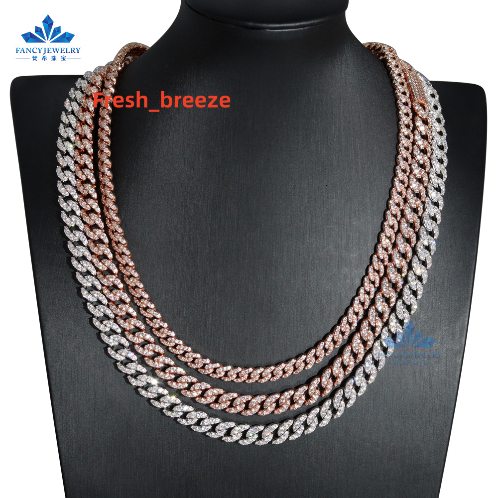 White Gold Rose Gold Plated Full Setting Diamond Miami Cuban Chain 925 Silver 6mm 1rows Moissanite Diamond Chain for Men