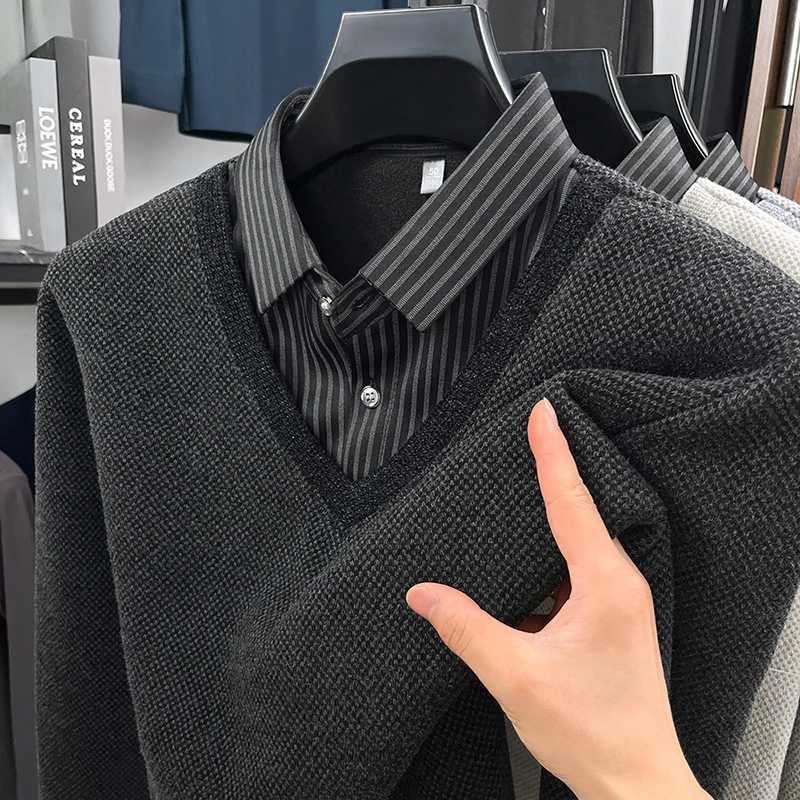 Original Quality Mens Lapel Fake Two Piece Knitted Sweater Winter New Velvet Thickened Print Striped Business Casual MenswearXJ251022