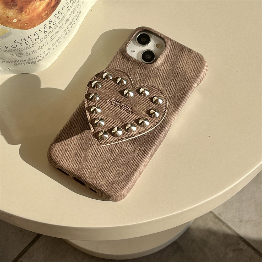 Cute Compatible with iPhone 17 Pro Max Case, Denim Leather Texture Rivet Heart Stand Phone Case Protection Soft Cases for Women Girls