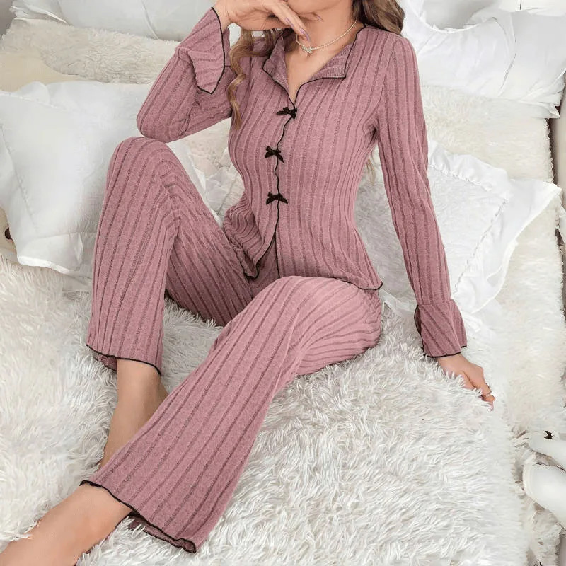 2025 Women Spring Casual Pajamas Set Comfortable Sleepwear Sexy Long Sleeve Lapel Solid Rib Homewear Female Loose Loungewear 251022