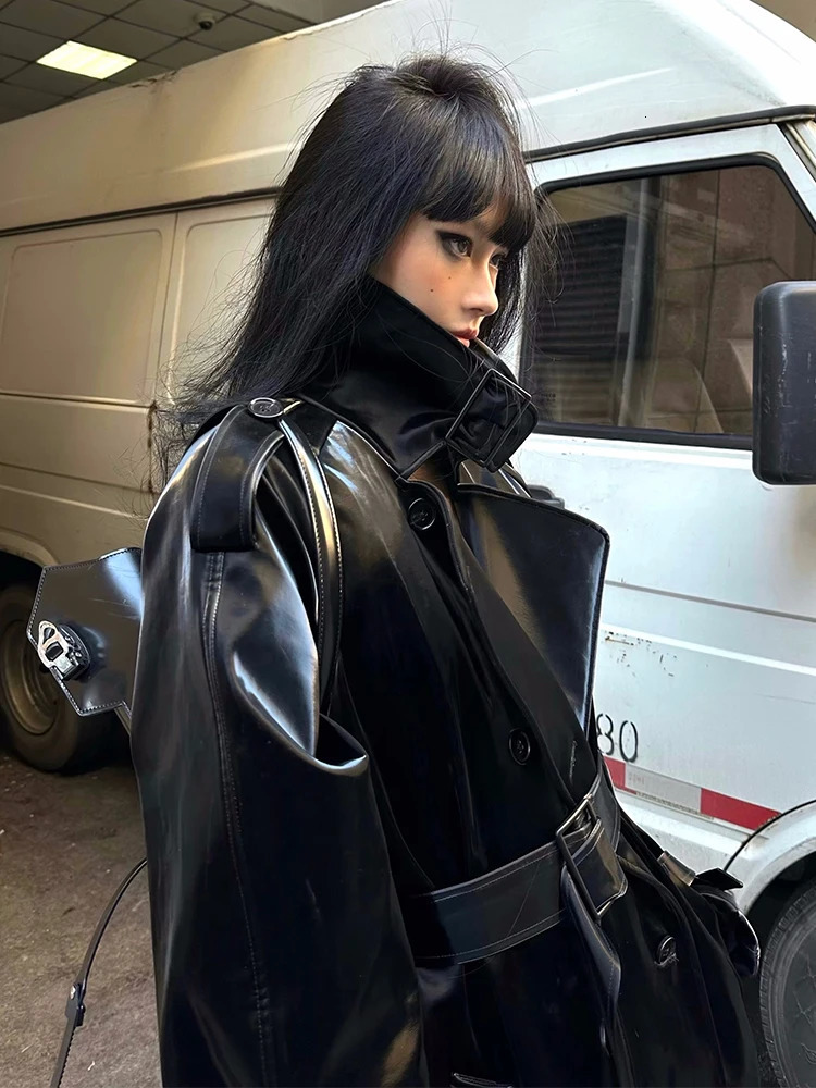 Lautaro Spring Autumn Extra Long Oversized Cool Reflective Shiny Black Patent Leather Trench Coat for Women Belt Runway Fashion 251017