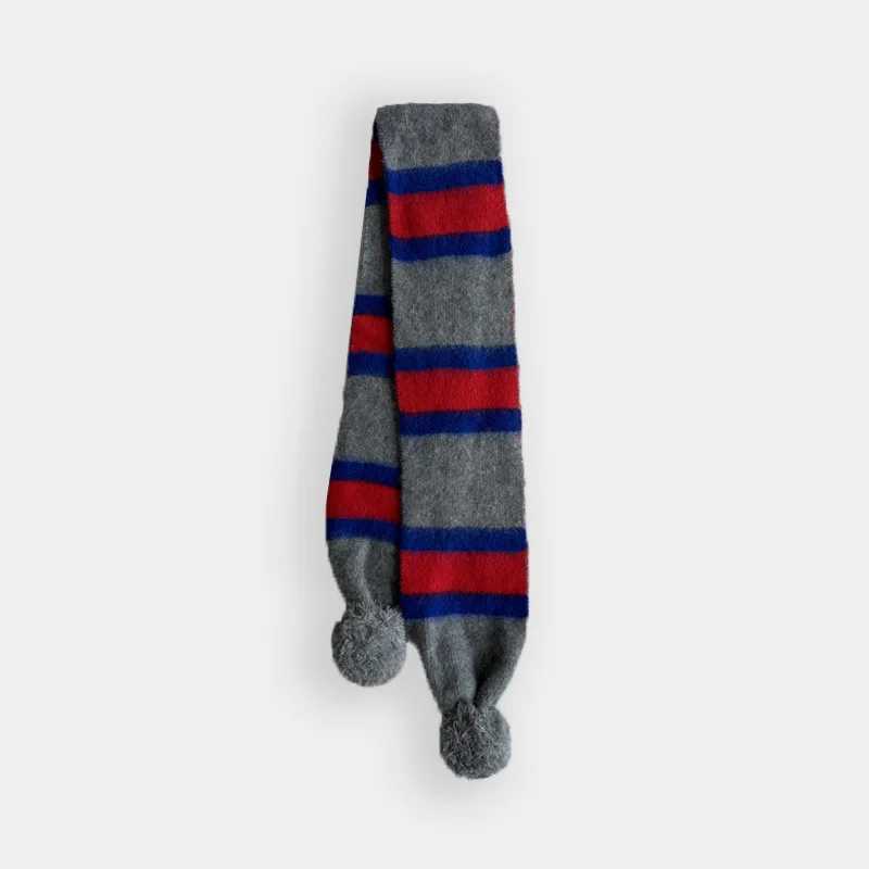 Korean Trend Design WoolBlend Striped Knitted Scarf Women Retro Contrasting Color Scarves with Pom Poms Female Stylish Muffler J251022
