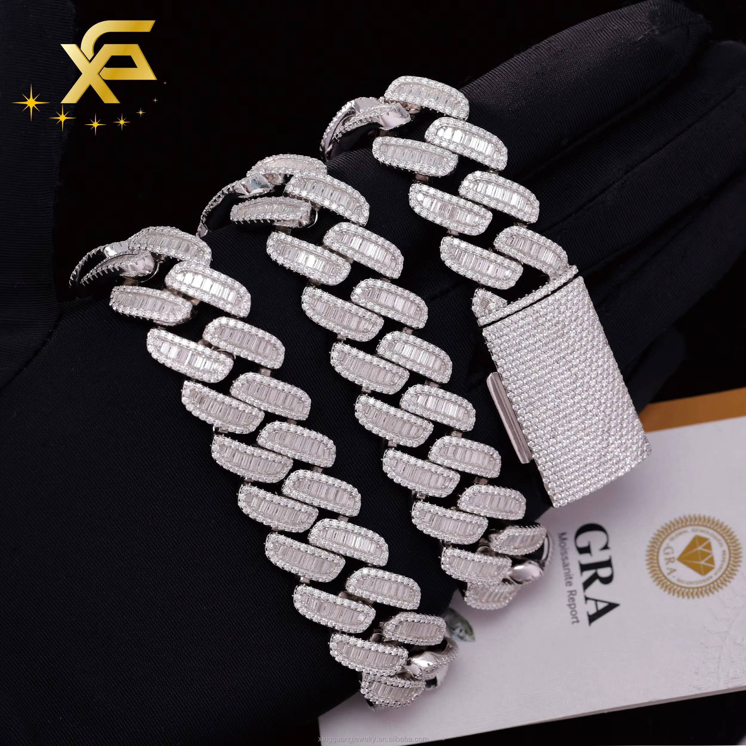 Baguette Cut 18K Gold Plated Necklace Iced Out 18mm 925 Sterling Silver Hip Hop Jewelry Vvs Moissanite Cuban Lidynamic Chain