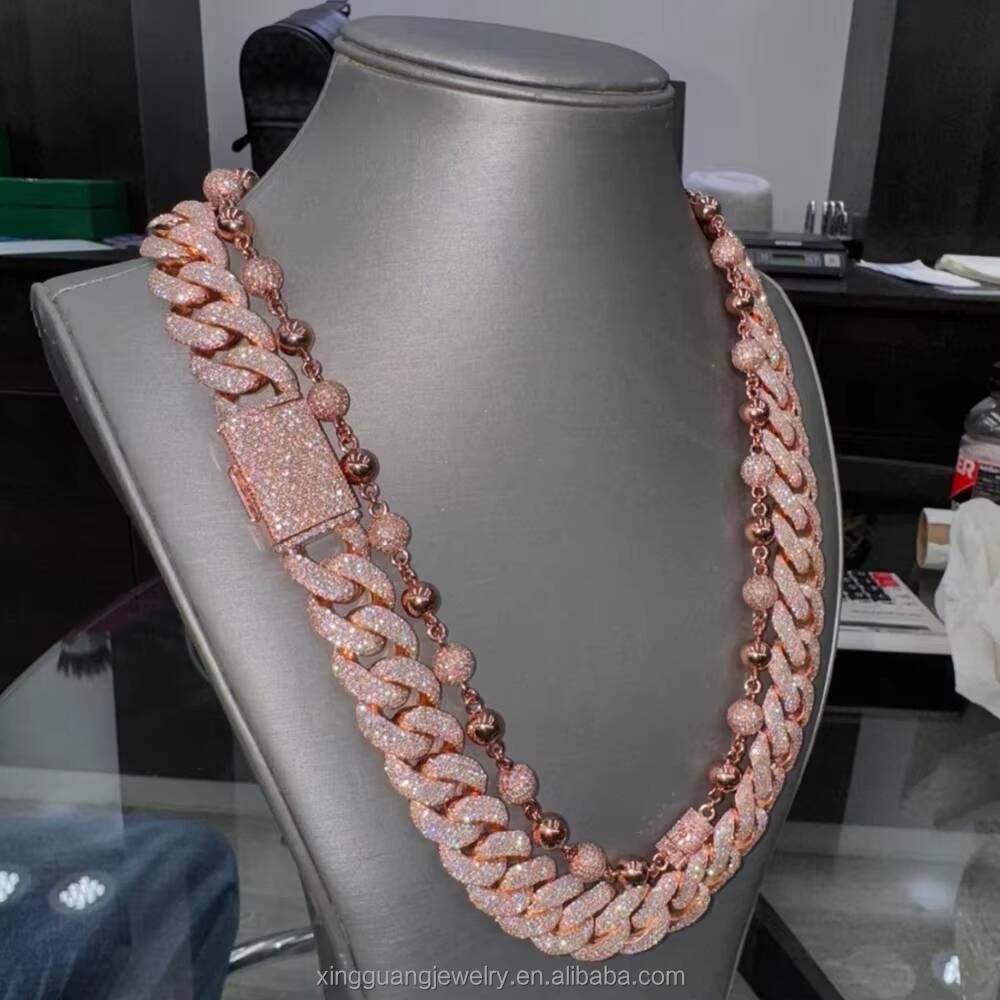 Yu Ying 925 Sterling Silver Cuban Chain 10mm Width Moissanite Diamond Ball Shape Hip Hop Necklace Cuban Lidynamic Chain