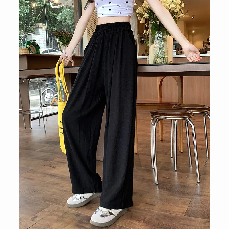 Summer Women Sweet Colorful Ice Silk Pants Lady Baggy Versatile Elastic Straight Leg Trousers Female Wide Leg High Waisted Pants 251022