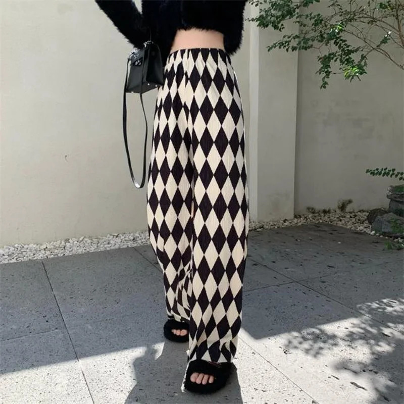 Spring and Summer Minimalist Black and White Diamond Checkered High Waist Casual Loose Fashion Pleated Floor Mop Pants 251016