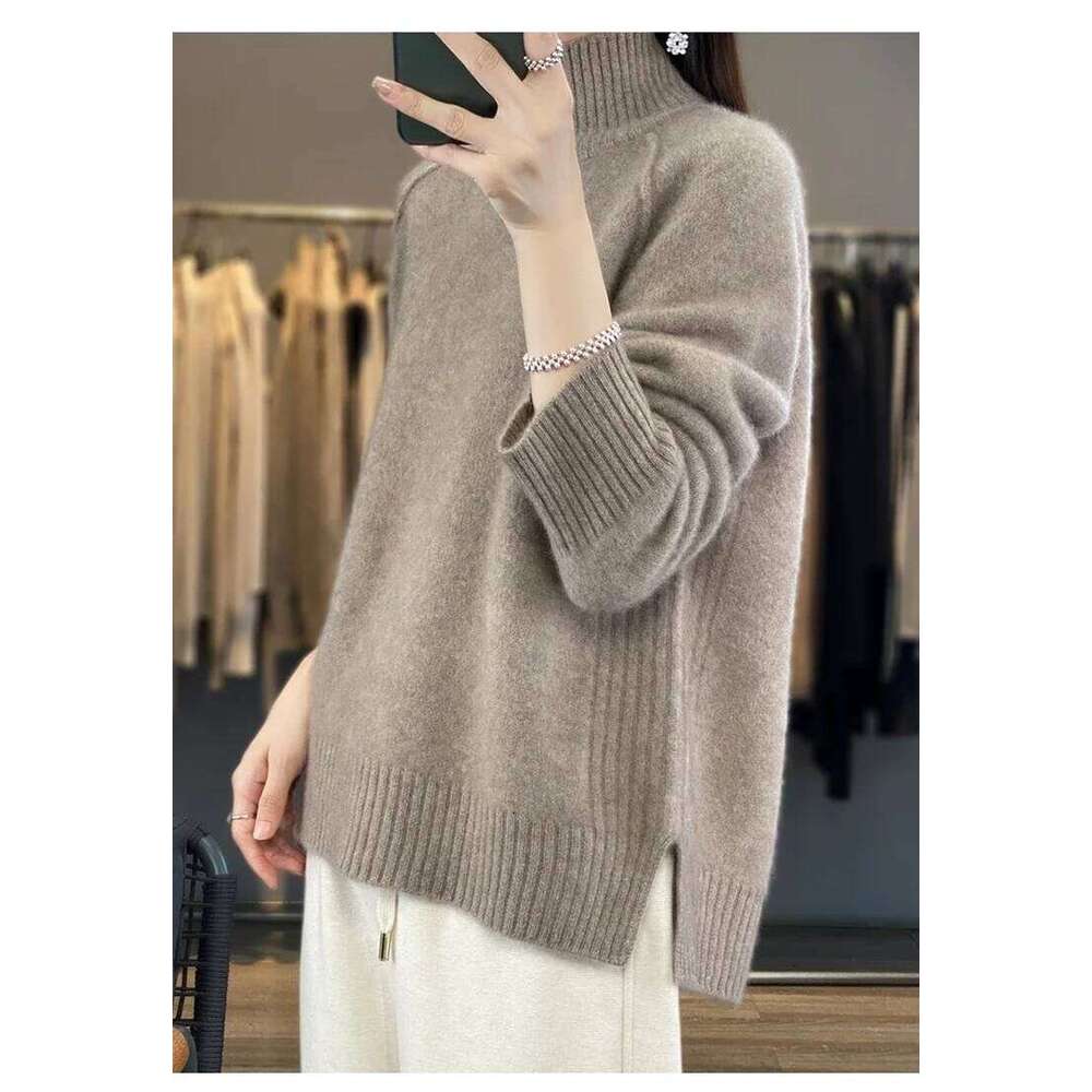 Women's High-Necked Cashmere 100% Soft Wool Thickened Lazy Raglan Sweater With Slit For Autumn Winter Comfortable Waxy W 251022
