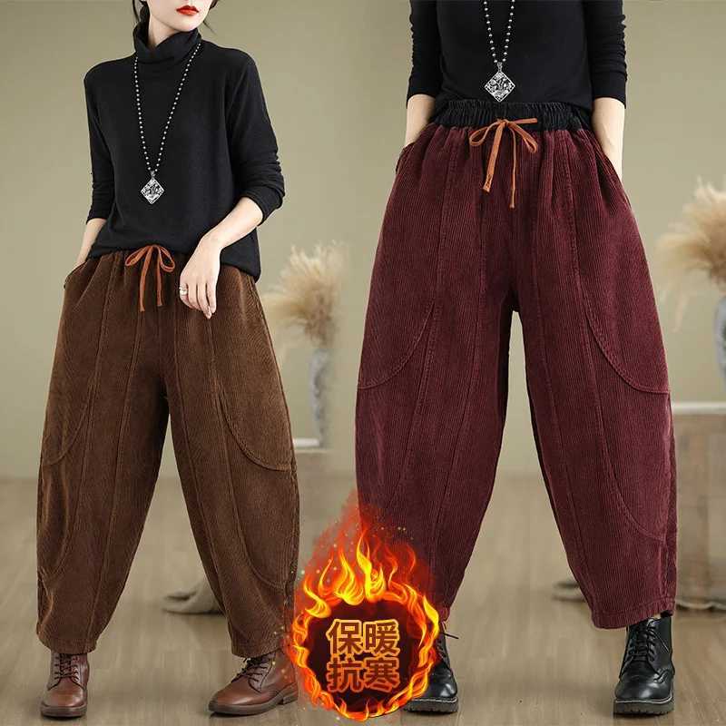 Corduroy Bloomers Women Loose Harlan New Elastic Waist Warm Retro Trousers Autumn Winter Fashion Big Pocket WideLeg PantsT251022