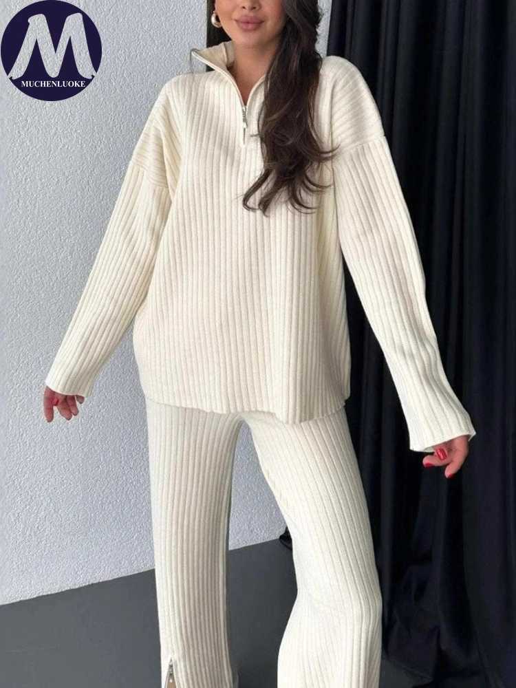 2 Pieces Set for Woman Autumn Winter Elegant Long Sleeved Zipper Knitted Sweater Tops Suits Fashionable Casual Loose Pant SetsT251022