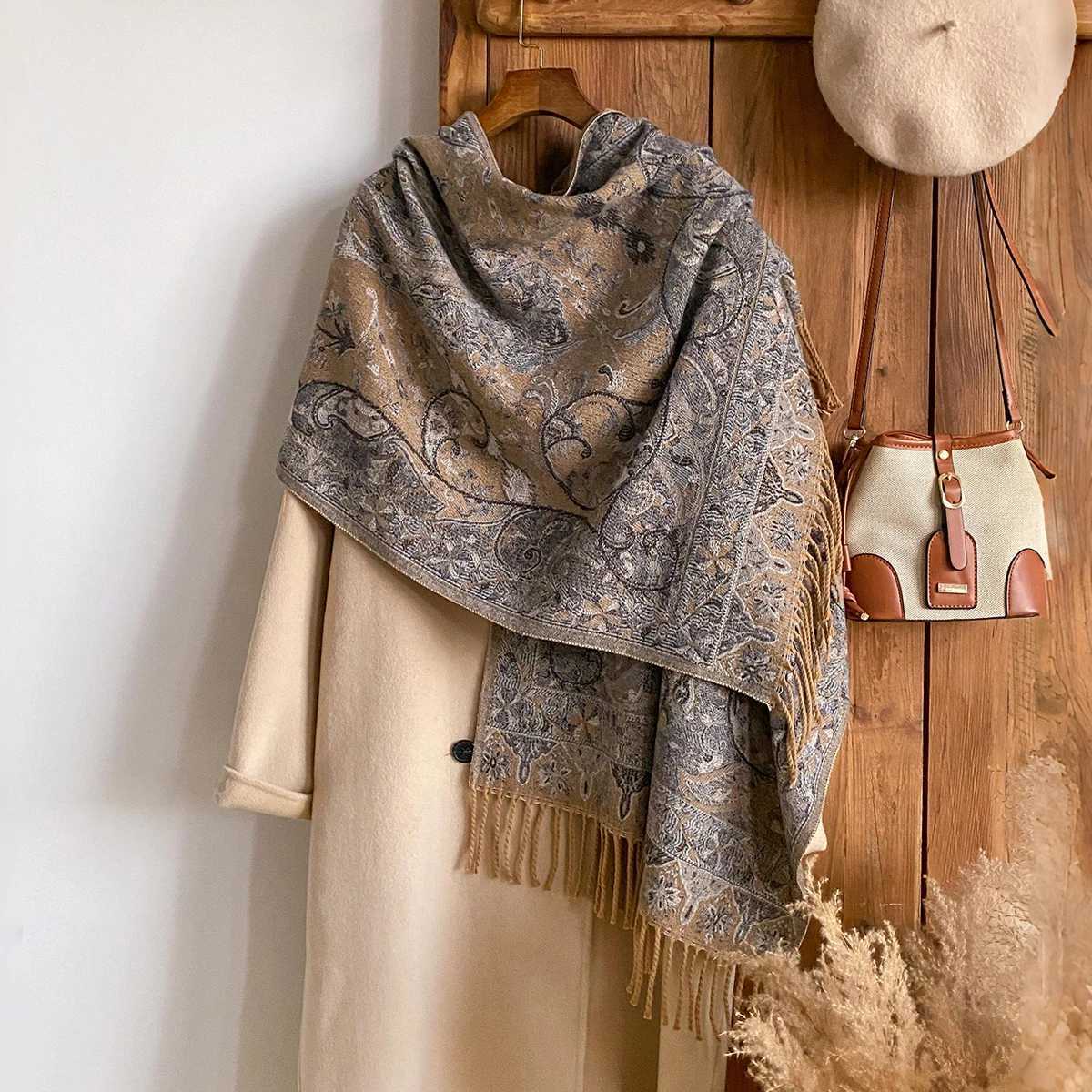 Winter Womens Thick Shawl National Style Warm Long Tassel Scarf with Flower Embellishment Versatile Poncho Stole J251118