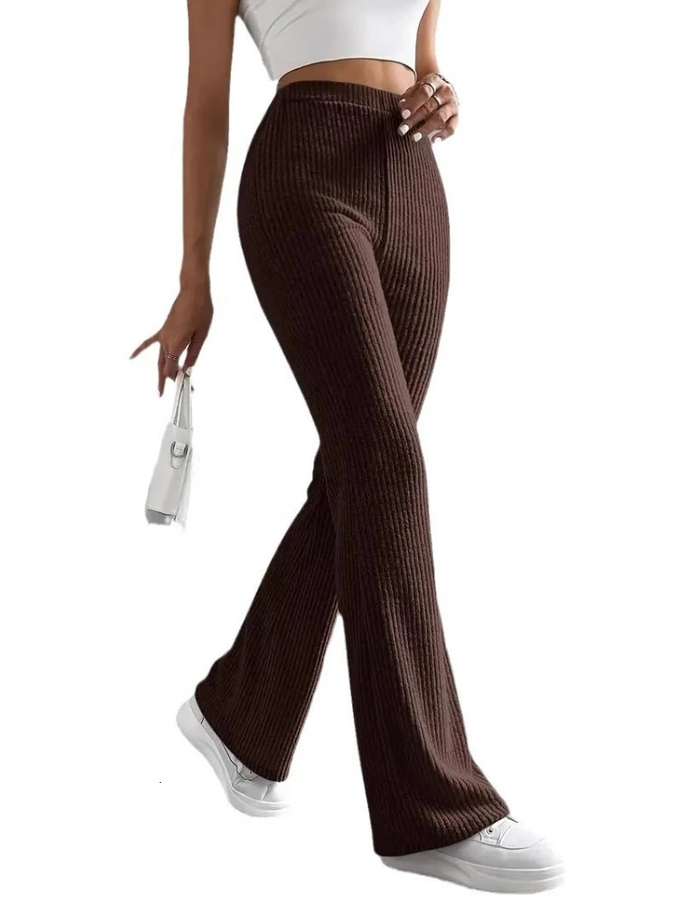 Spring Autumn Style Flared Pants for Women Solid Color Casual Ribbed Knit Fashionable Versatile Comfortable Trousers 251017