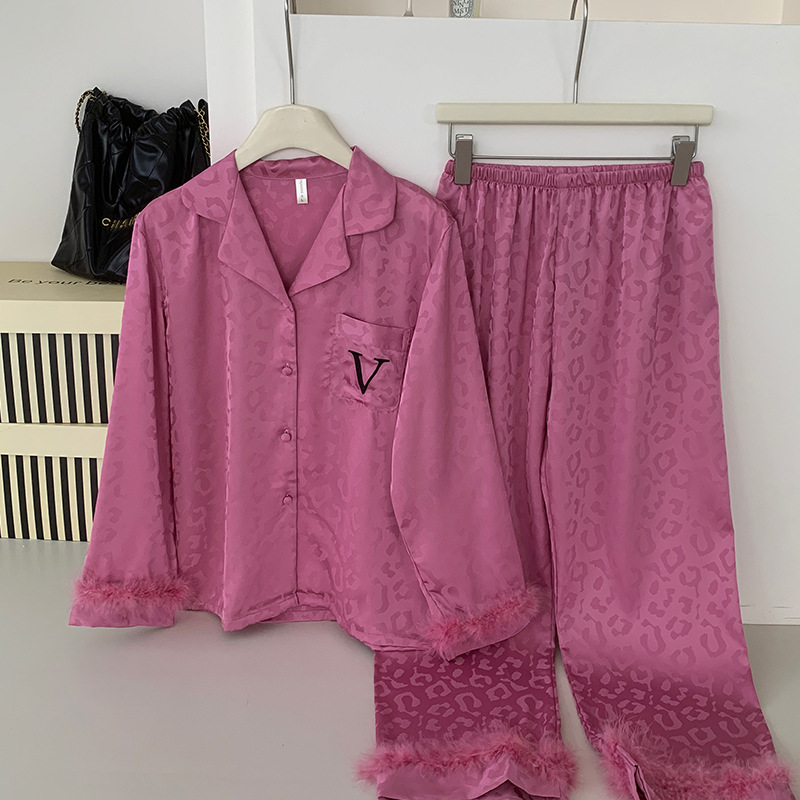 Women's Comfortable Soft Leopard Pajama Ice Silk Long Sleeve Breathable Suit Pajama Jeans 2 Piece Wear French Luxury Silk Household Clothes Autum