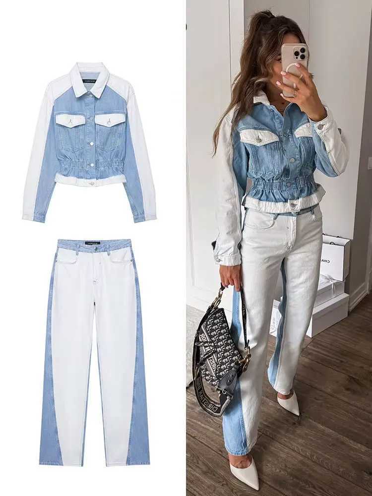 HH 2024 Autumn Female Vintage Denim Suit Long Sleeve Single Breasted Lapel CoatHigh Waist Wide Leg Jeans Street Fashion SetT251022