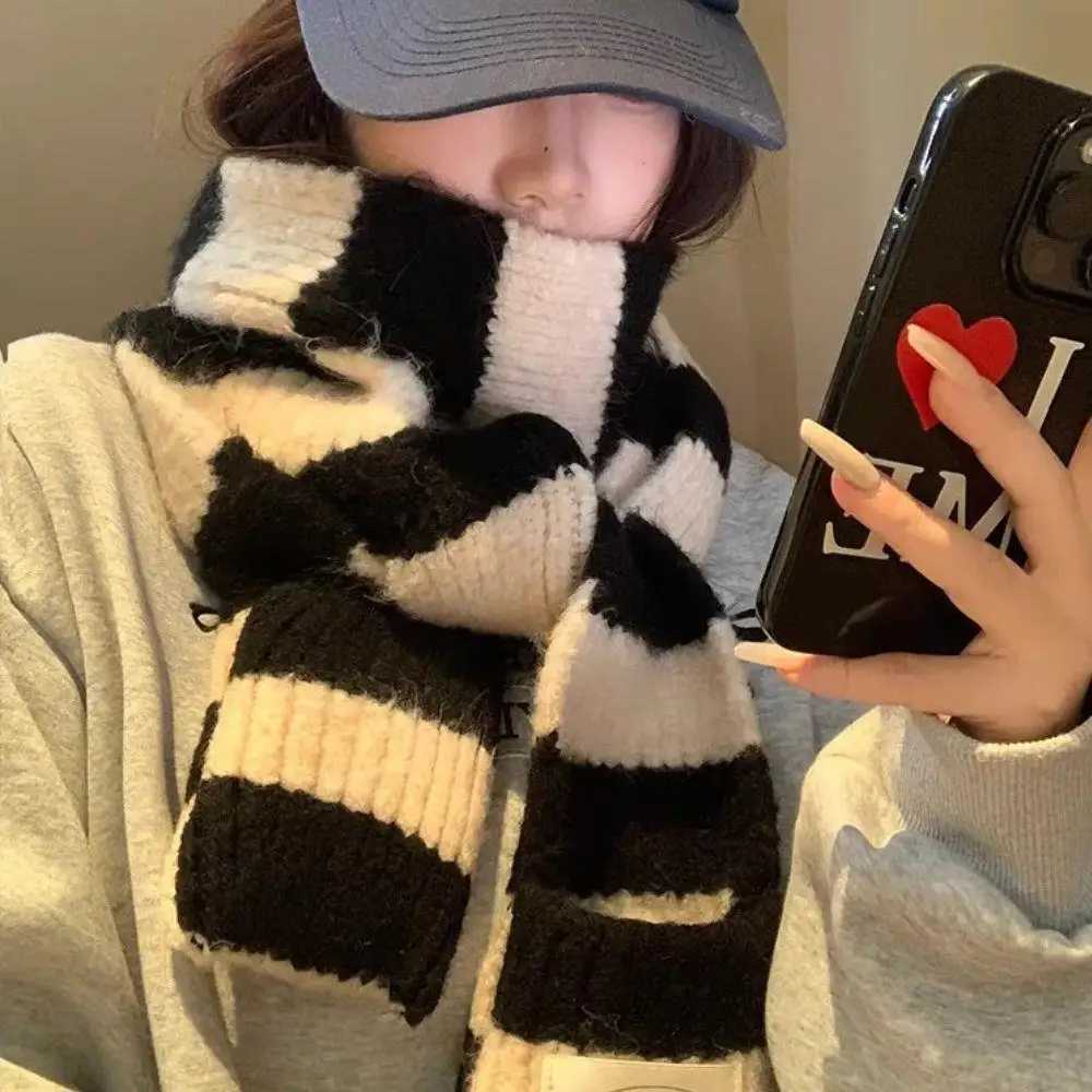 Black White Stripe Wool Knitted Scarf Women Winter Korean Thick Warm Y2k Scarf Fashion Harajuku Knitted Scarf Christmas Gift J251022