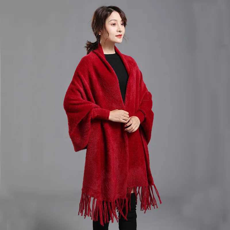 9 Colors Solid Faux Mink Cashmere Autumn Winter Warm Tassel Cape Women Thicken Poncho Loose Long Velvet Streetwear Shawl Coat J251118