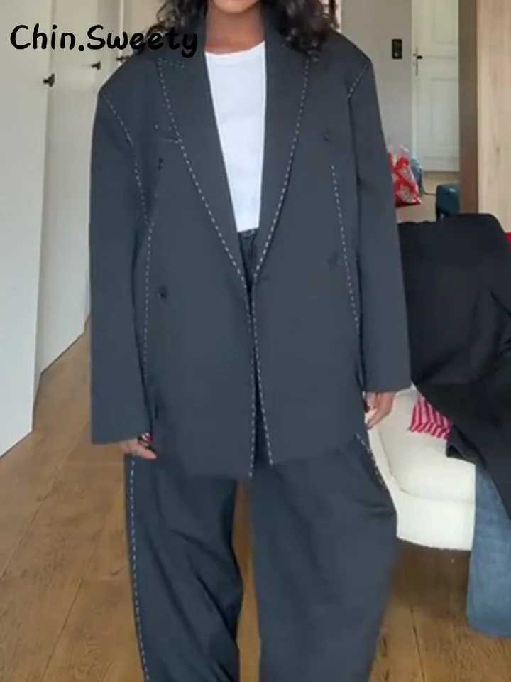 Casual Double Breasted Line Suit Pants Sets Women Lapel Full Sleeve Pocket Jacket Straight Trousers 2025 Autumn Winter Lady SetT251022