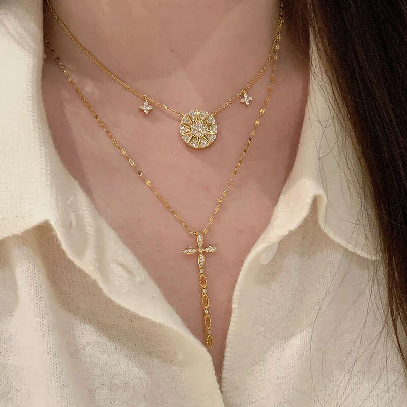 Same Style Sparkling Eight-Pointed Star Compass Necklace for Women 2025 New Tassel Cross Four-Leaf Clover Collarbone Chain