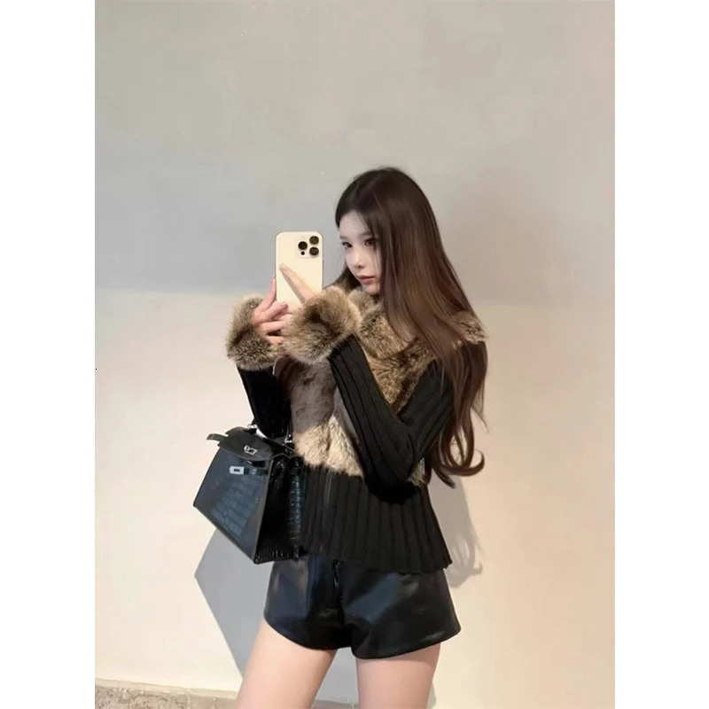 MEXZT Y2K Knitted Cardigan Women Vintage Faux Fur Patchwork Sweater Outerwears Gyaru Black Knitwears Winter Korean Jumpers 251016
