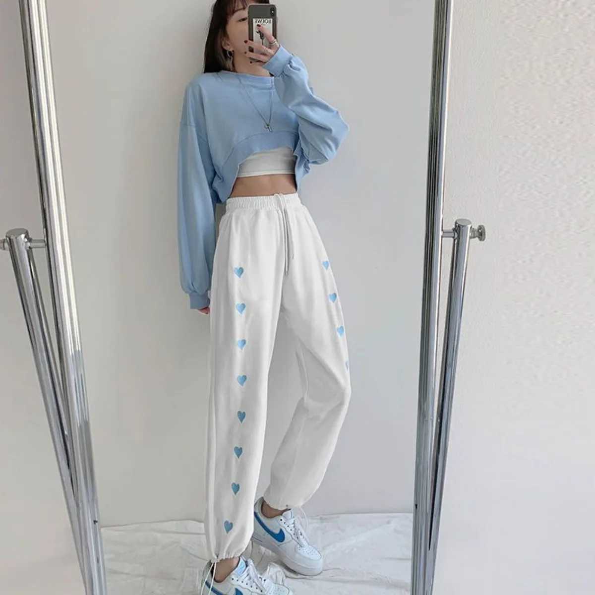 Sweet and Fresh Heartshaped Fashionable New Sports Pants for Women High Waisted Loose Fitting Home Drawstring Casual PantsT251022