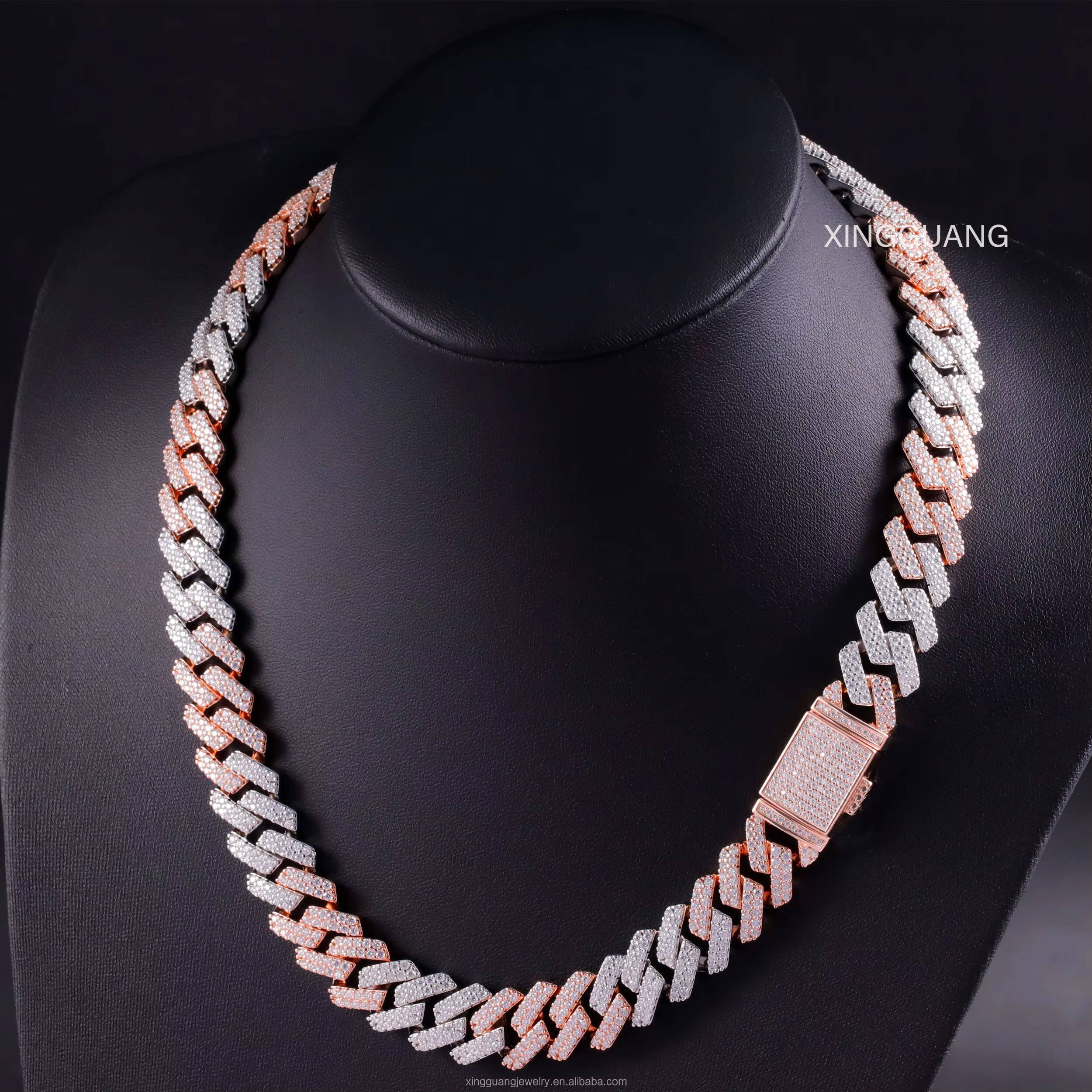 Customized Trend Two Tone Necklace 925 Silver Gold Plated Moissanite Cuban Chain Hip Hop Jewelry 15MM Wide VVS Moissanite Cuban Lidynamic Chain