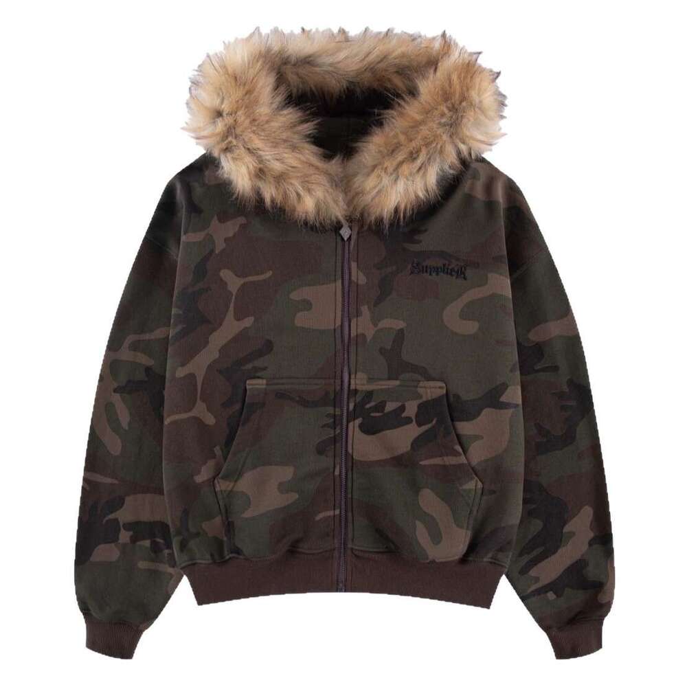 Fashion Camouflage Print Fur Collar Couple Style Street Loose Hooded Cardigan Sweatshirt
