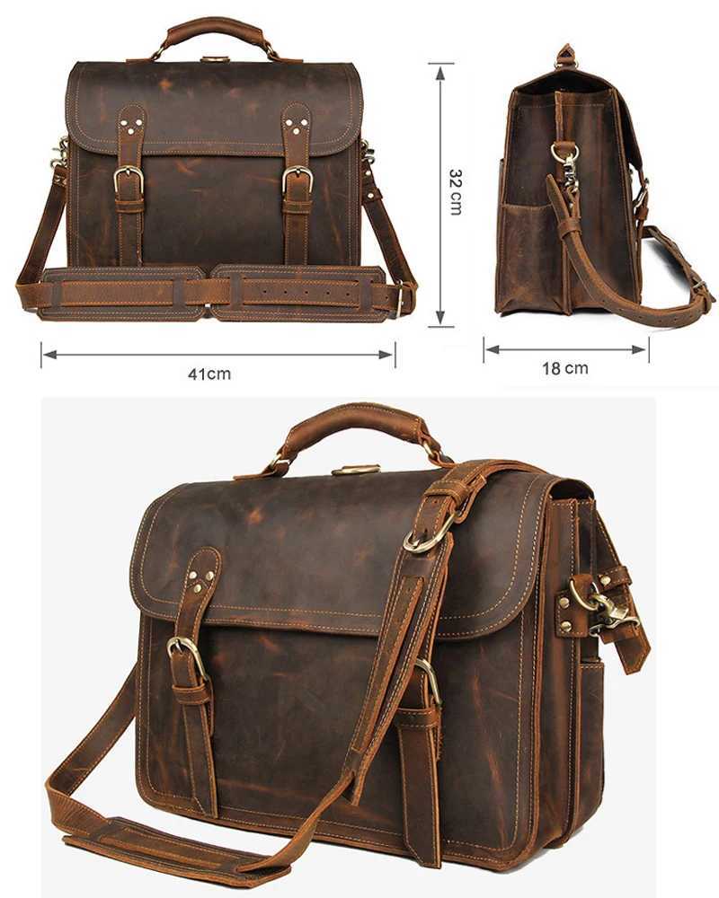 Vintage Crazy Horse Genuine Leather Men Briefcase Large Business Bag Tote Office Bag 156Laptop Case attache Male Shoulder Bag W251022
