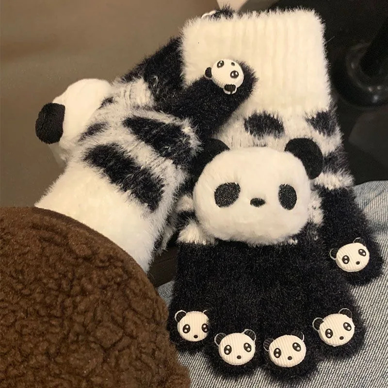 1 Pair Womens Winter Black White Y2K Kawaii Panda Knitted Gloves Open Toe Scratch Mobile Phone Texture Warm Lolita Gloves 251021