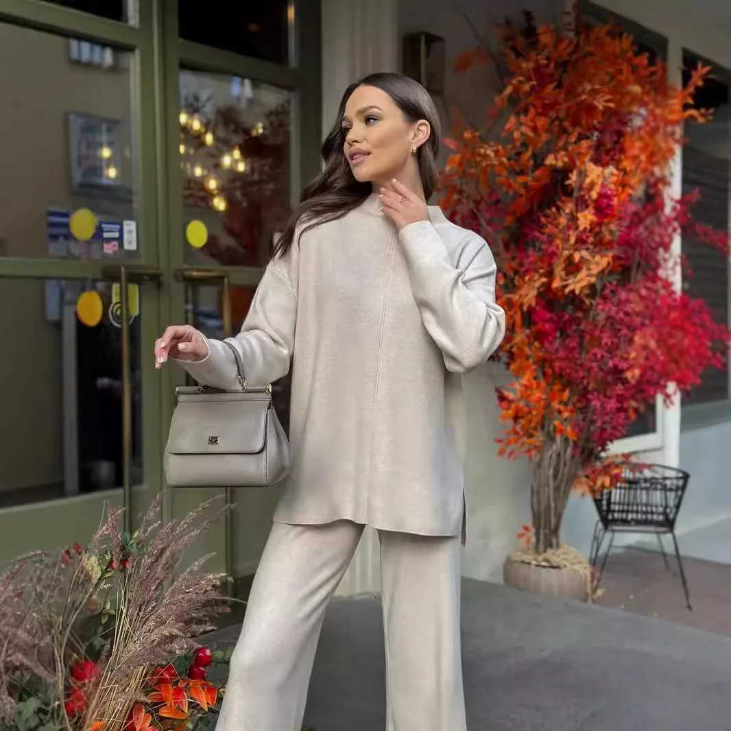 Knitting 2 Piece Set Women Pullover Sweater Pants Suit Knitted Top Half High Collar Jumpers Trousers Outfits Autumn WinterT251022