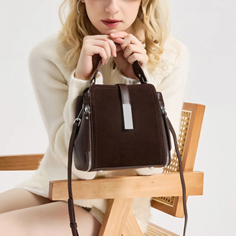 Burminsa Retro Suede Cowhide Genuine Leather Tote Handbags For Women 2025 Bucket Ladies Shoulder Crossbody Bags 251018