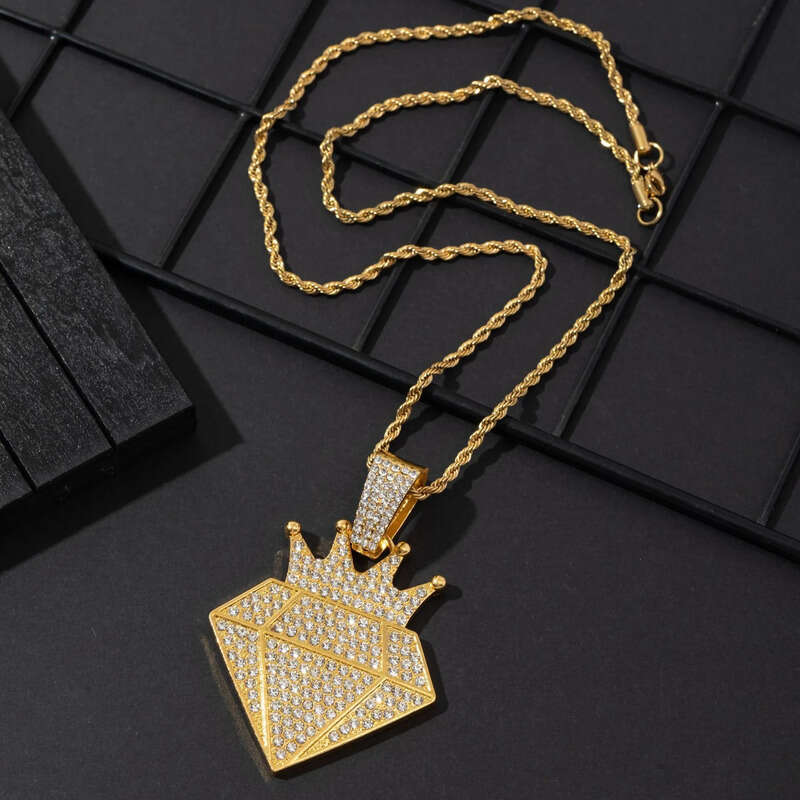 Personalized Crown Pendant Necklace Hiphop Alloy Full Dia Cuban Chain Jewelry