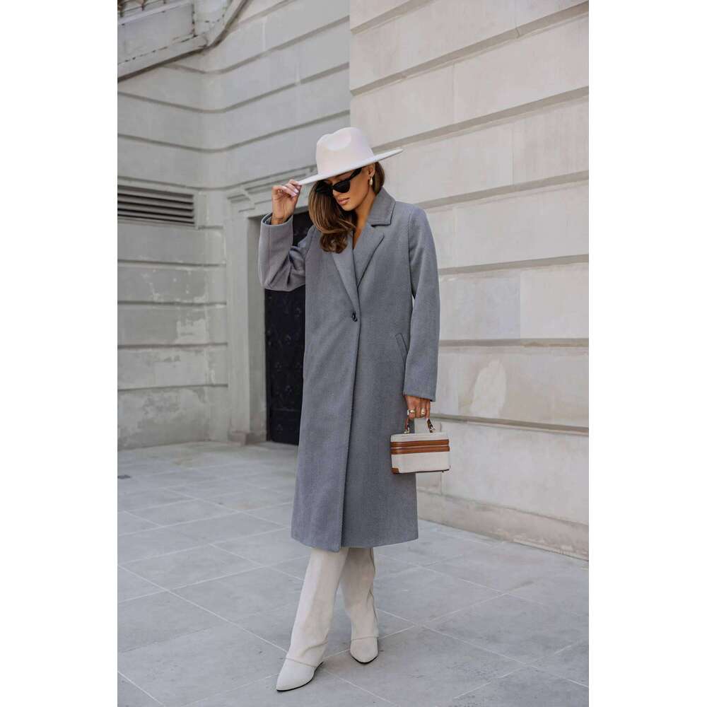 Womens Trench Winter Notched Lapel One Button Mid-Long Pea Coat Casual Work+Office Overcoats Jacket with Pockets