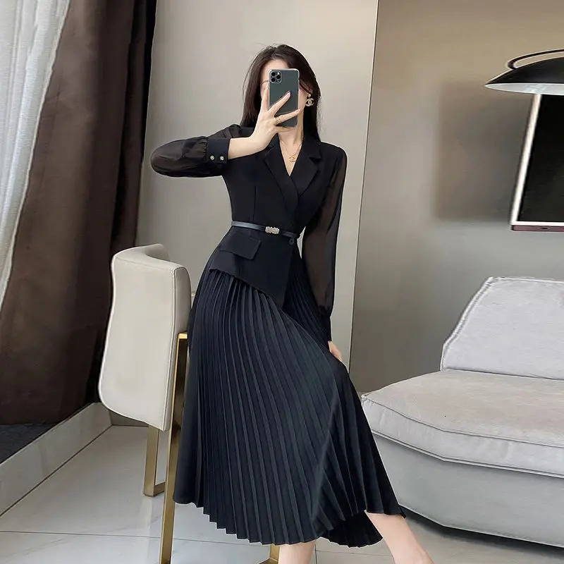 Womens Korean Fashion Blazer Patchwork Long Sleeve Dresses Office Lady Elegant High Waist Black Slim Pleated Midi Dress 251020