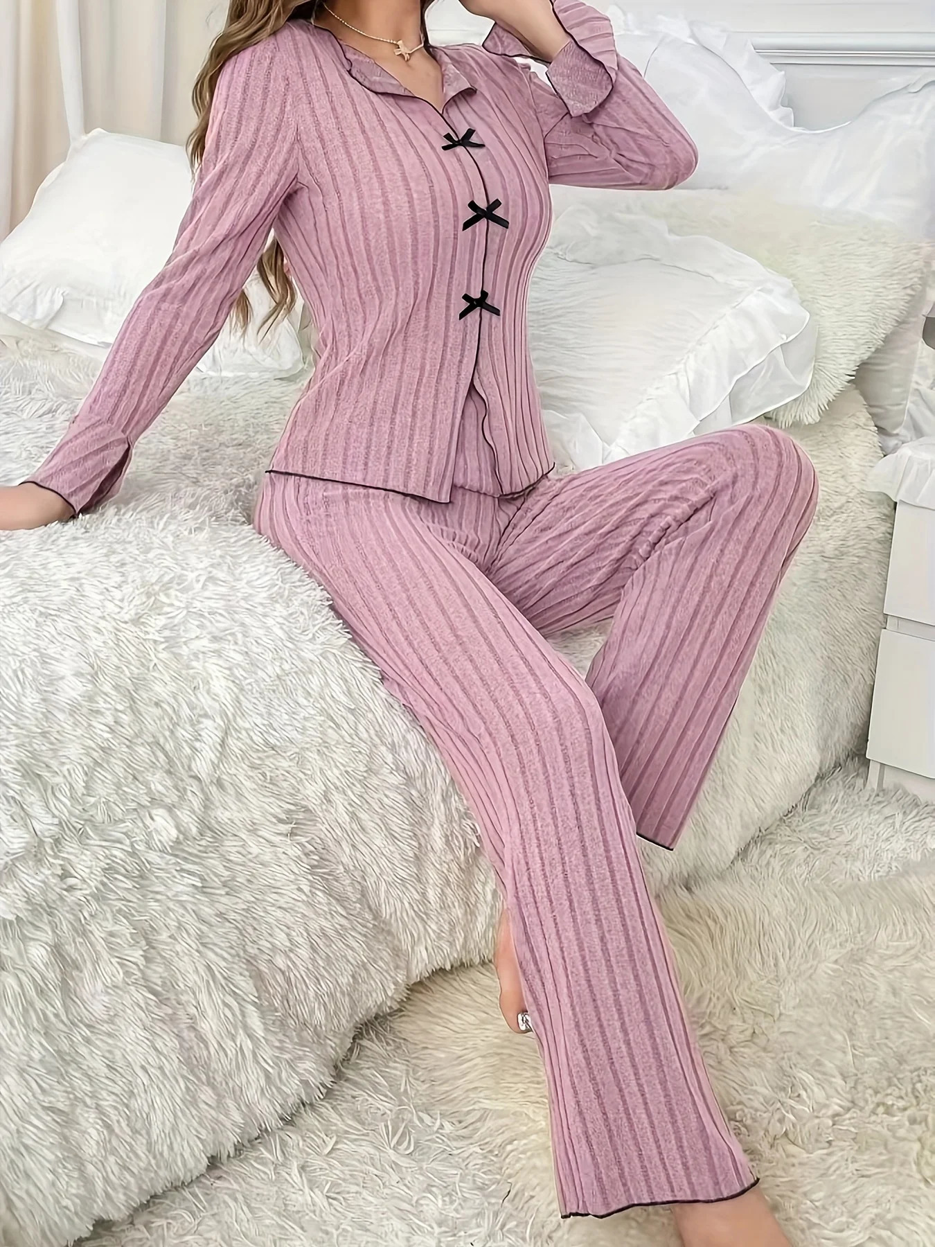 2Piece Womens Autumn and Winter Pure Color Elegant Bow Womens Simple LongSleeved Pants Pajama Set 251022