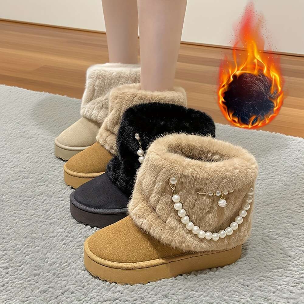 Women's Slip-Resistant Snow Fur-Like Faux Fur Trim Round Toe Moccasin-Style Ankle Buckle Strap Button Detailing, Soft Fabric Arch, Multi-Color Op