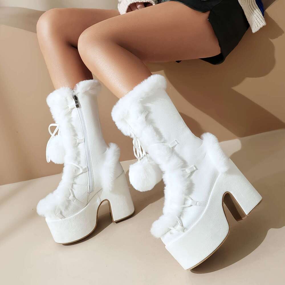 Women's Solid Color Boots, Side Zipper Pull On Platform Warm Plush Lined Chunky Heels, Non-Slip Y2k Fluffy Ball Boots