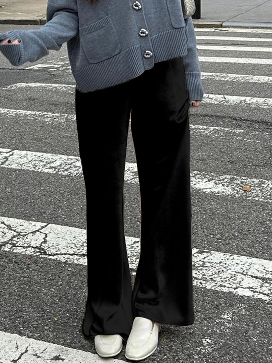 Chic Satin Wide Leg Dress Pants Womens Stylish Elastic Waist Loose Fit Long Trousers for Streetwear Work Solid Color 251022