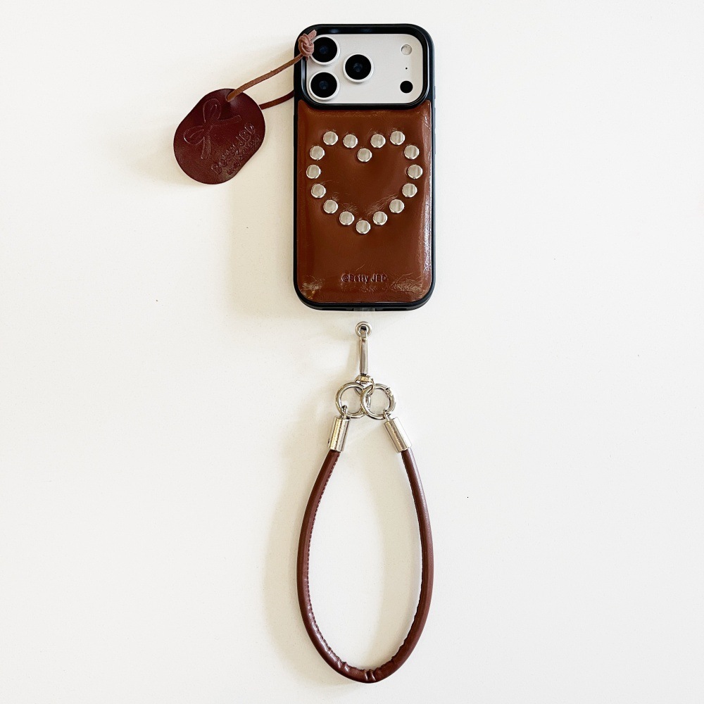 Oil Wax Leather Heart Rivet Phone Case Compatible with iPhone 17/16 Pro Simple Lanyard iPhone 15/14 Niche