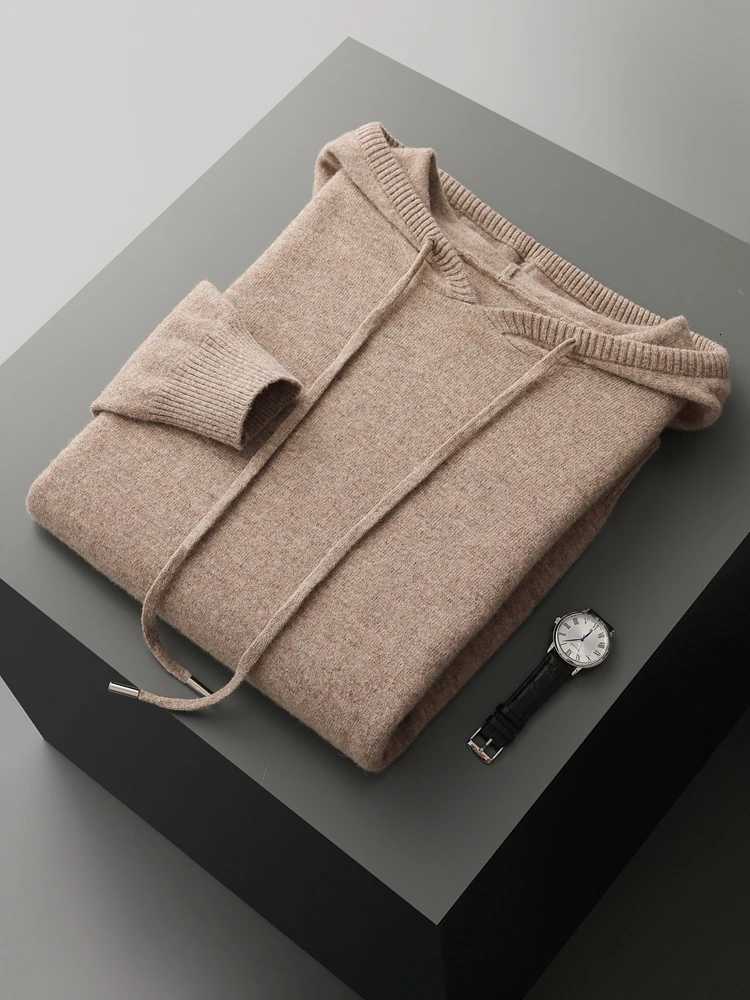 ANGEL Mens 100 Wool Hooded Sweater Thick Casual Pullover Autumn Winter Cashmere Knitwear Soft Warm Jumper Korean Hoodie TopXJ251022