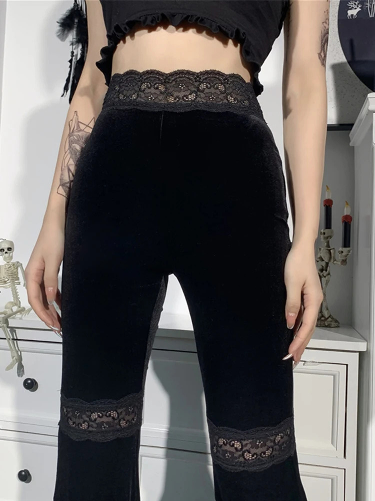 AltGoth Harajuku Punk Gothic Flare Pants Women Grunge Street Vintage Mall Goth Lace Patchwork Hollow Out Dark Black Velvet 251017