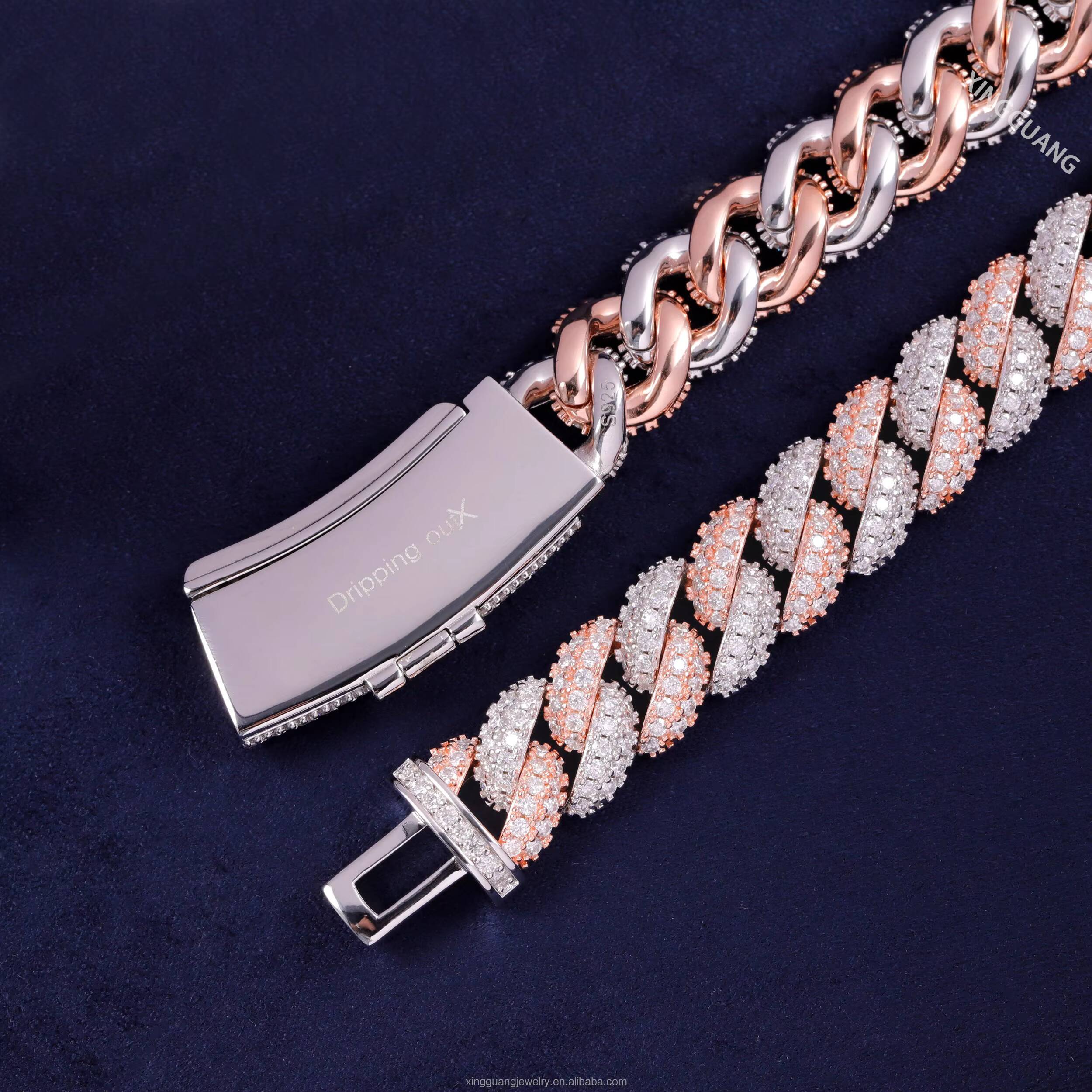 Fashion 2Tone Color Iced Out Diamond Cuban Chain for Men 13mm S925 Silver Chain Hip Hop Necklace VVS Moissanite Cuban Lidynamic Chain