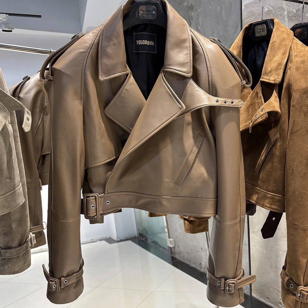 YOLOAgain Long Sleeve Dark Brown Suede Jacket Women Real Leather 251021