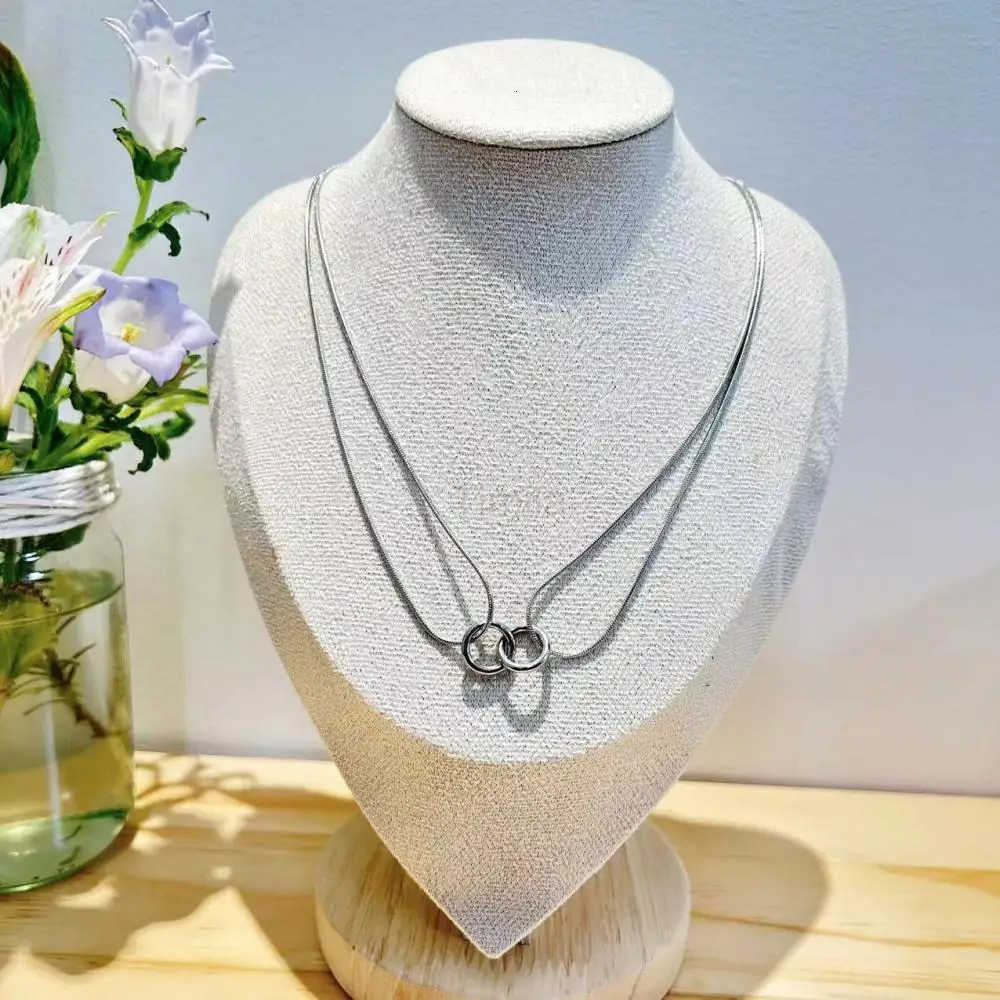 Stainless Steel Double Layer Two Rings Pendant Necklace For Women Gold Color Personality Sweater Chain Party Jewelry Gift New U251022
