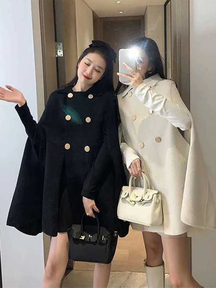 Autumn And Winter Double Breasted Women Cape Coat Loose Solid Color Female Overcoat Fashion Elegant Lapel Lady Oversized Wraps 251016