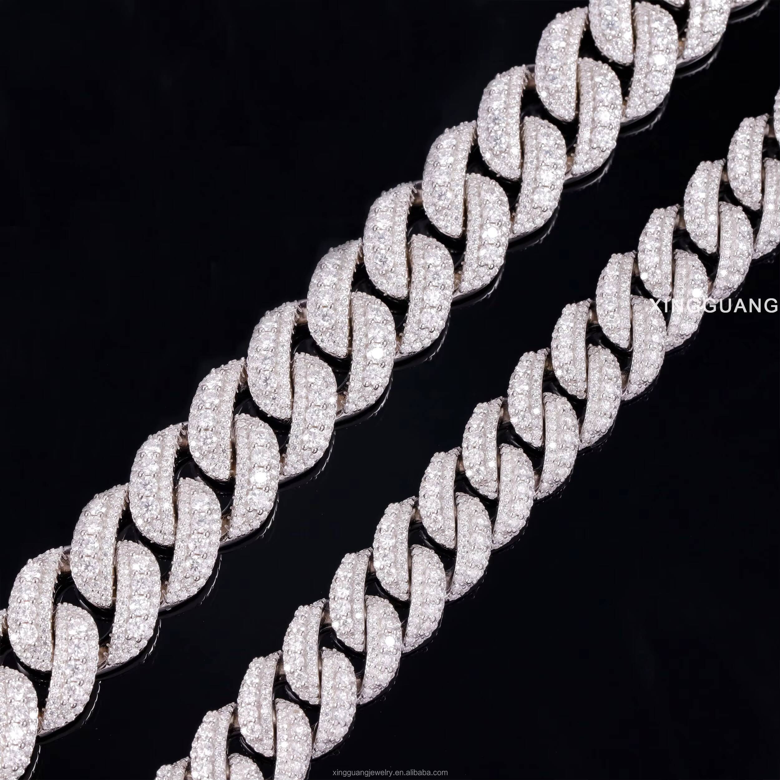 Handmade Jewelry 14mm 18mm 3row Hip Hop Necklace Cuban Chain 925 Sterling Silver with Round Brilliant Cut Moissanite Cuban Chain