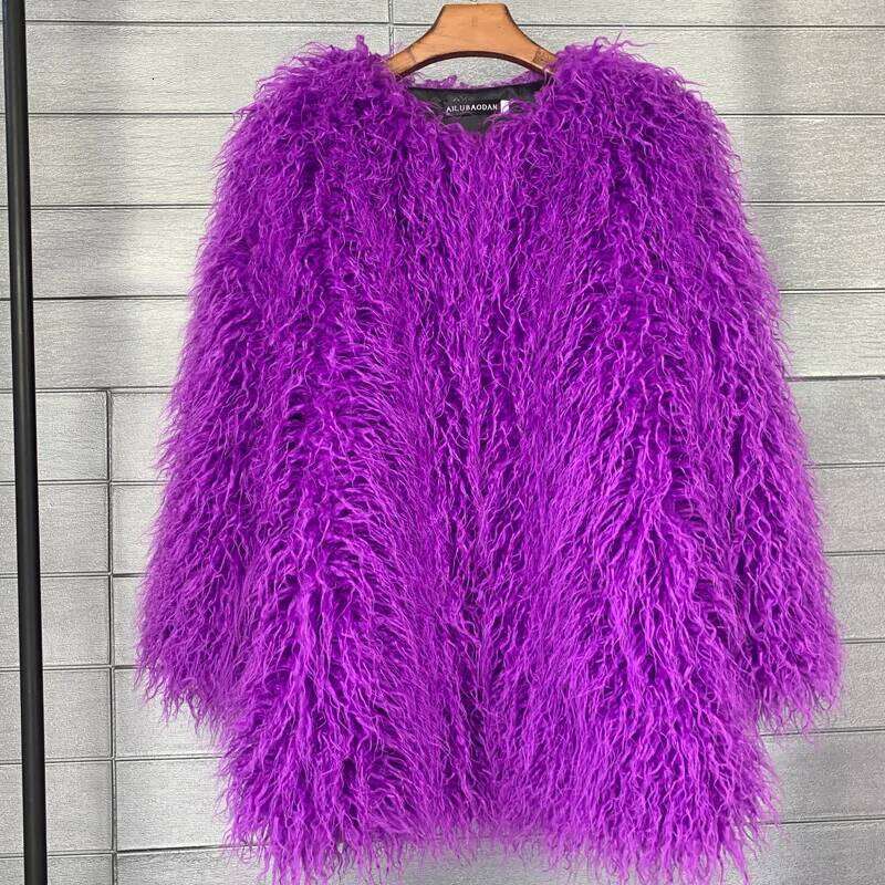 Solid color Wool Faux Women's Furry Pink/Purple Lamb Female Shaggy Sheepskin Coat Winter Artificial Fur Jacket
