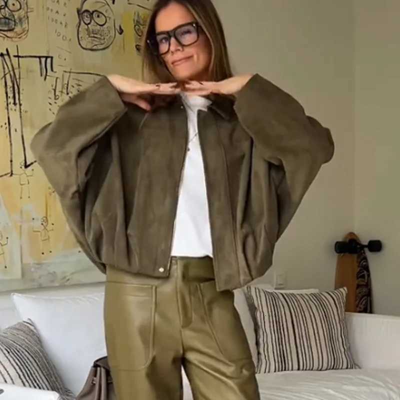 HXAO 2025 Womens Jackets Cropped Suede Jacket Women DemiSeason Bomber Jackets Long Sleeve Coats Oversize Zipper Solid Coats1 Y251105