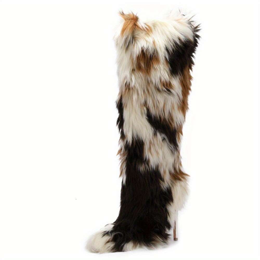 Woman's Faux Fur Knee-High With Kitten Heel Furry Fluffy Pointed Toe Winter Comfy Plush Warm Boots